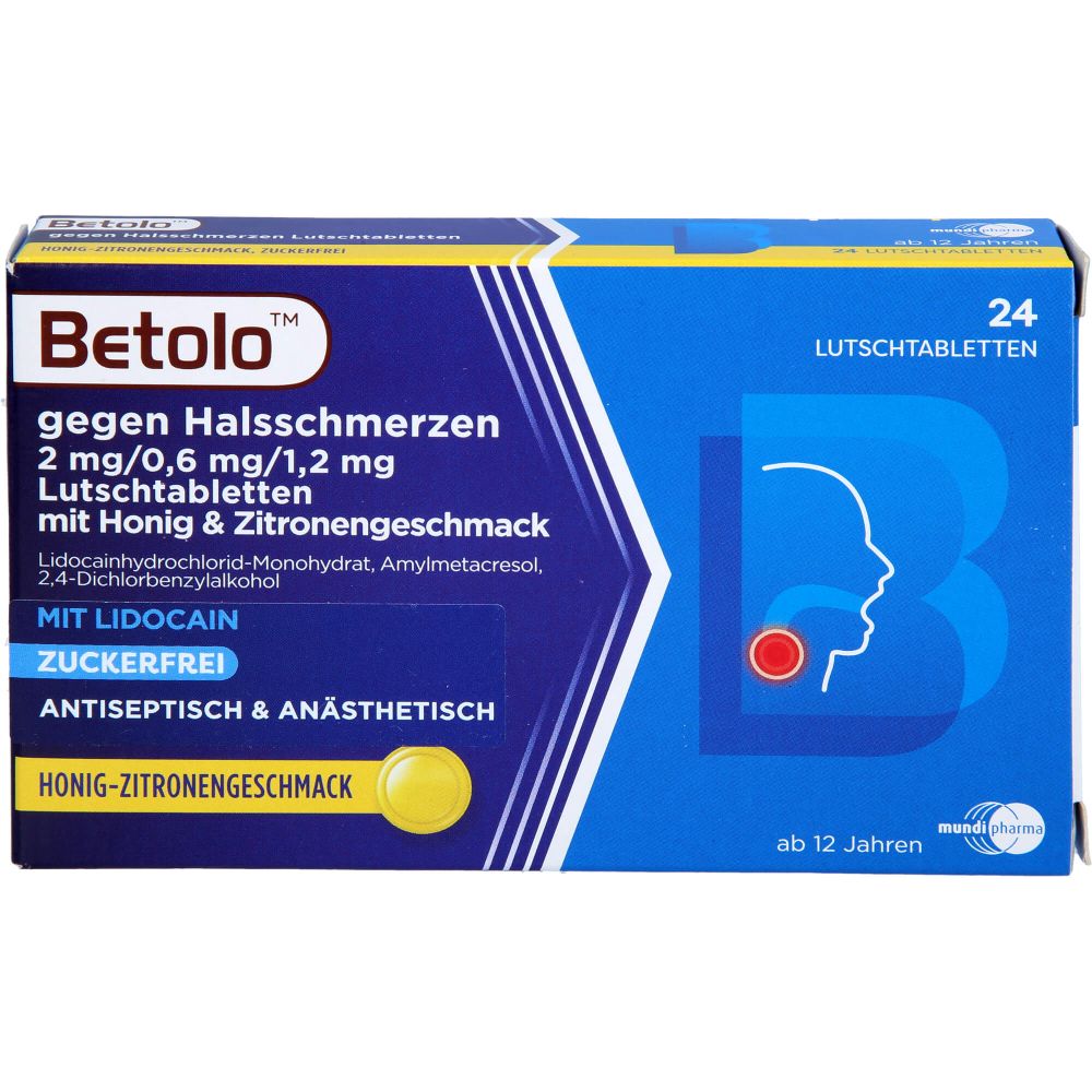 Betolo gegen Halsschmerzen 2 mg/0,6 mg/1,2 mg mit Honig & Zitronengeschmack