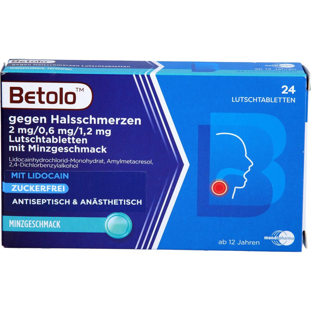 Betolo gegen Halsschmerzen 2 mg/0,6 mg/1,2 mg mit Minzgeschmack