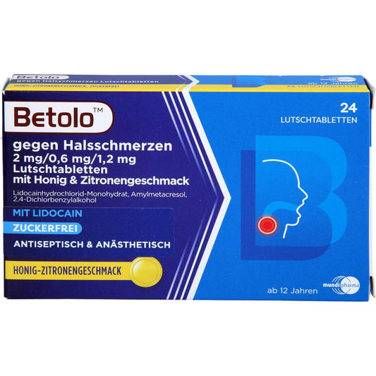 Betolo gegen Halsschmerzen 2 mg/0,6 mg/1,2 mg mit Honig & Zitronengeschmack